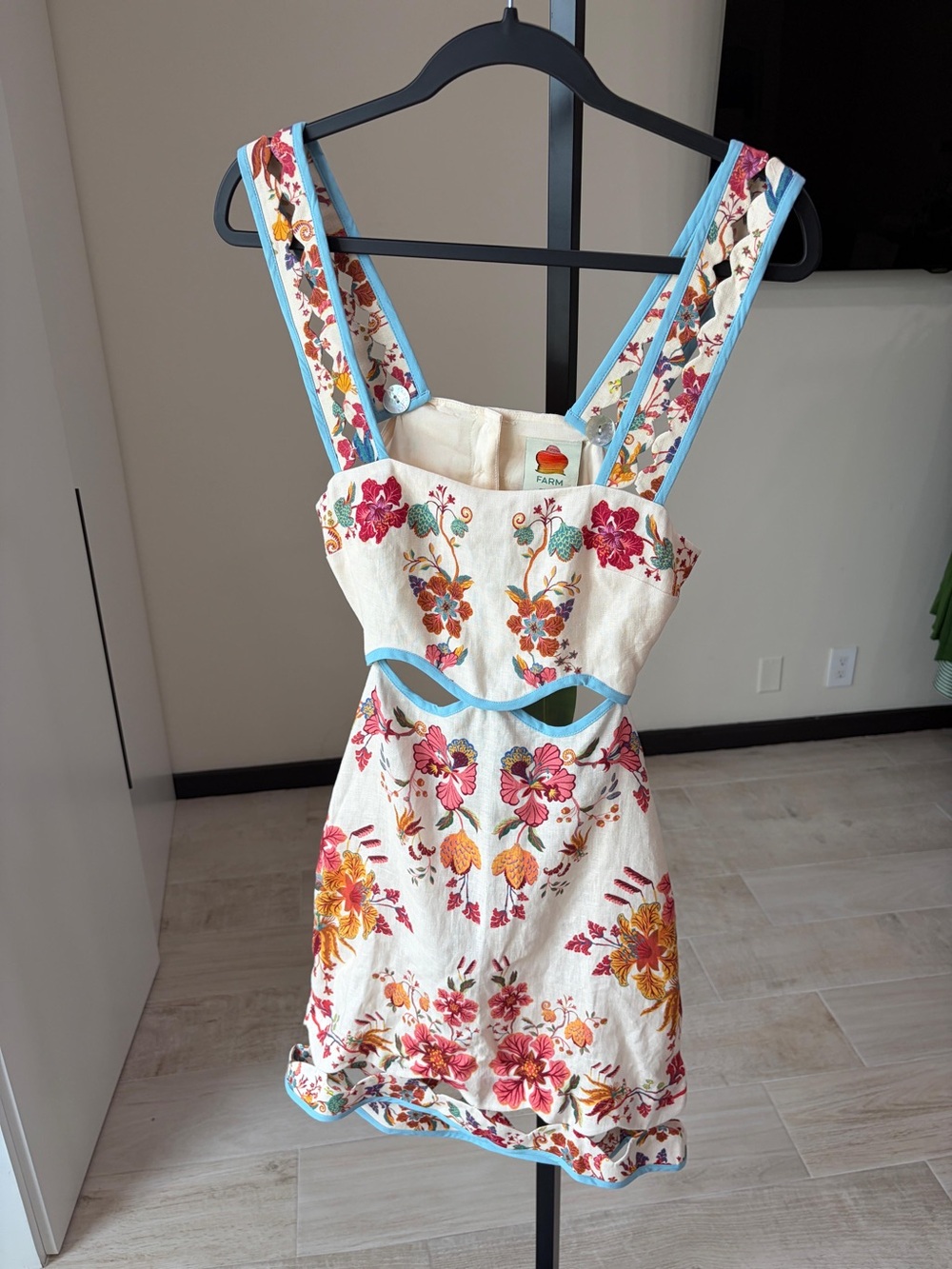 FARM Rio Cream Mini Dress with Pink & Orange Floral Embroidery - Picture 8 of 9